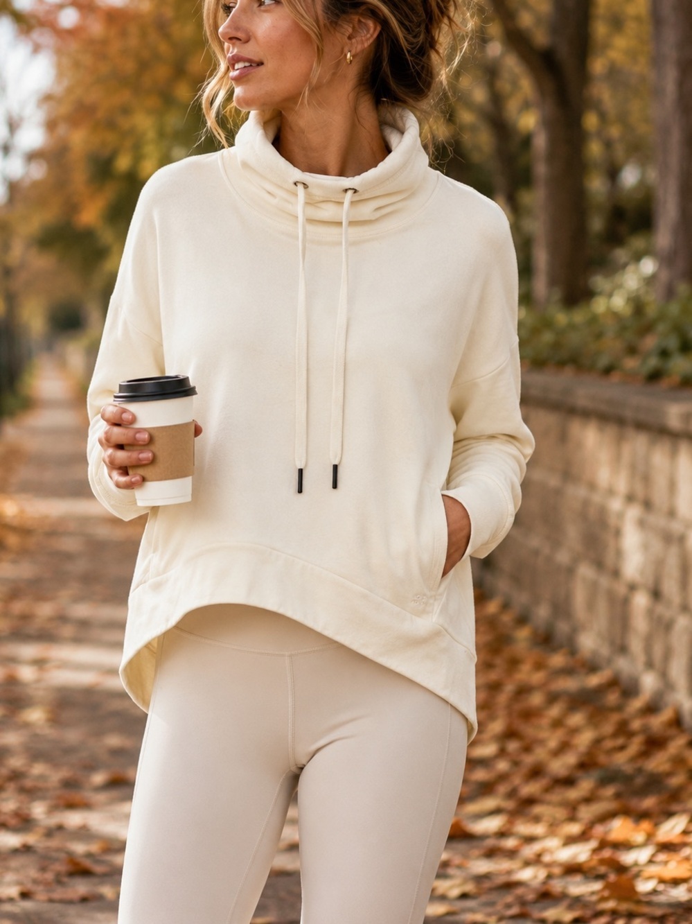 Sweaty Betty Cream Funnel Neck Pullover Sweatshirt Side Pocket Soft Lounge Top S